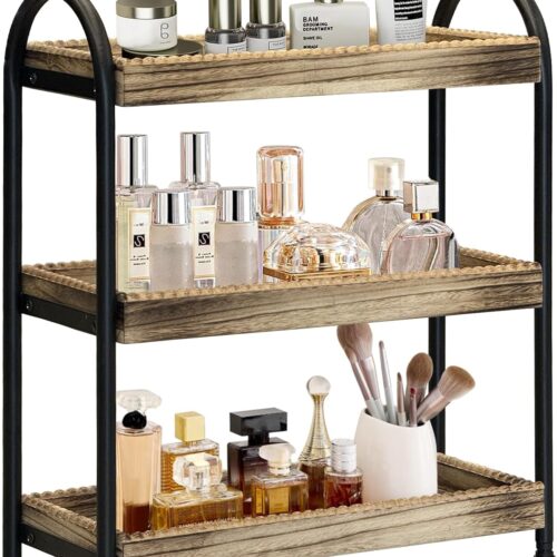 2-Tier Bathroom Countertop Organizer, Wood Bead Storage Shelf, Mordern Tray, Bathroom Shelf and Decor, Vanity Tray for Living Room, Kitchen (3 Tier)