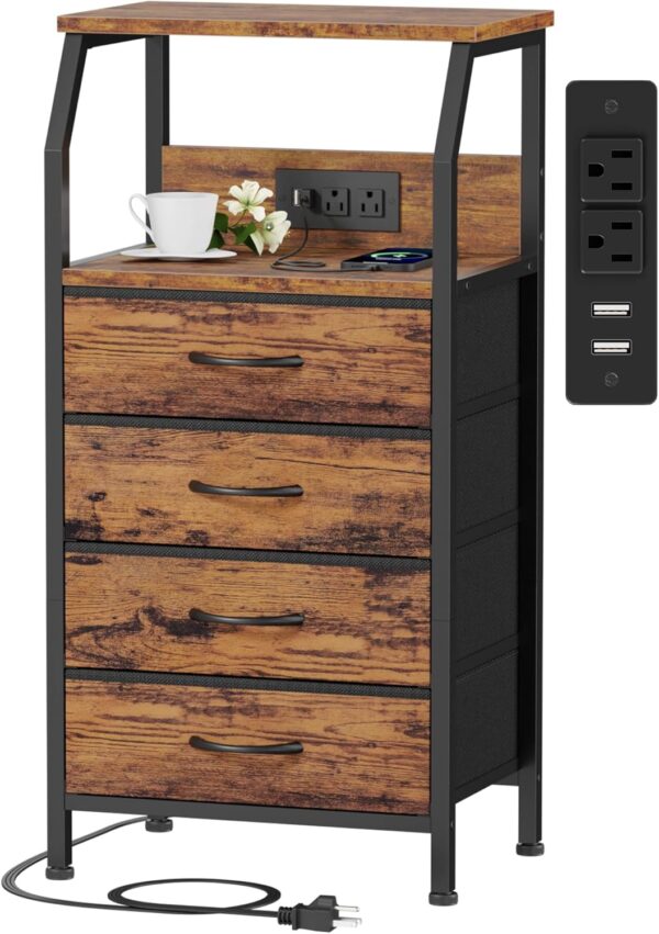 Night Stand with Charging Station, Small Dresser with 4 Fabric Drawers, 33.3 Inch Tall Bedside Table, Storage Tower for Closet, Entryway, Bedroom Furniture, 3 Ways to Use, Rustic Brown 1 Nightstand