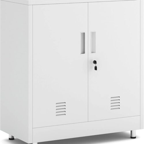 Metal Storage Cabinet with Locking Doors and Adjustable Shelf, Small Lockable Sideboard Buffet Cabinet for Home Office Hallway Entryway Living Dining Room (White)