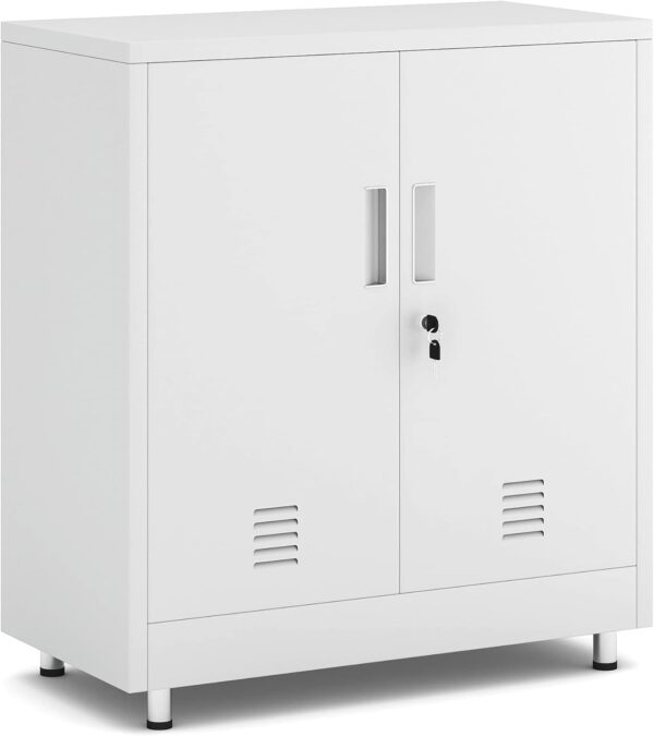 Metal Storage Cabinet with Locking Doors and Adjustable Shelf, Small Lockable Sideboard Buffet Cabinet for Home Office Hallway Entryway Living Dining Room (White) 1 Cabinet