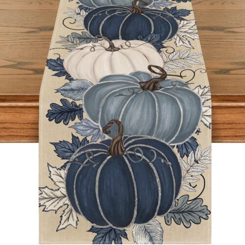 Blue and White Porcelain Pumpkin Ink 210 GSM Fall Table Runner, Seasonal Autumn Kitchen Dining Table Decoration for Home Party Decor 13x108 Inch