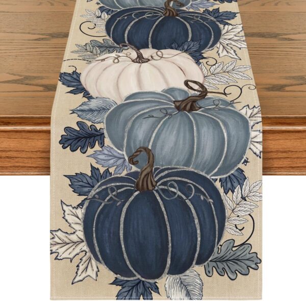 Blue and White Porcelain Pumpkin Ink 210 GSM Fall Table Runner, Seasonal Autumn Kitchen Dining Table Decoration for Home Party Decor 13x108 Inch 1 Table Runner