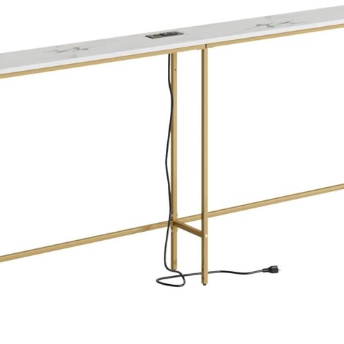 70.9" Console Table with Power Outlet, Modern Narrow Long Sofa Table Behind Couch, Skinny Entry Table, Industrial Sofa Table with Metal Frame for Hallway, Living Room, Marble White