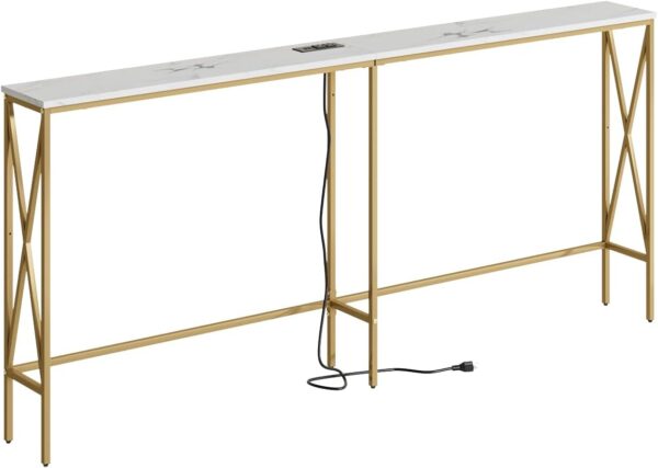 70.9" Console Table with Power Outlet, Modern Narrow Long Sofa Table Behind Couch, Skinny Entry Table, Industrial Sofa Table with Metal Frame for Hallway, Living Room, Marble White 1 Console Table