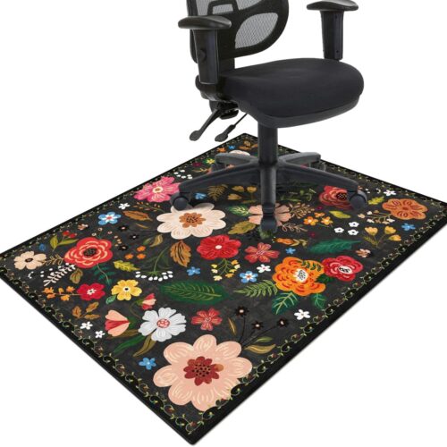 Office Chair Mat for Hardwood & Tile Floor,Boho Floral 36"x48" Office Computer Chair Mat for Rolling Chairs,Under Desk Non Slip Gaming Rug,Rubber Backing Large Low-Pile Carpet Protector Mat(Black)