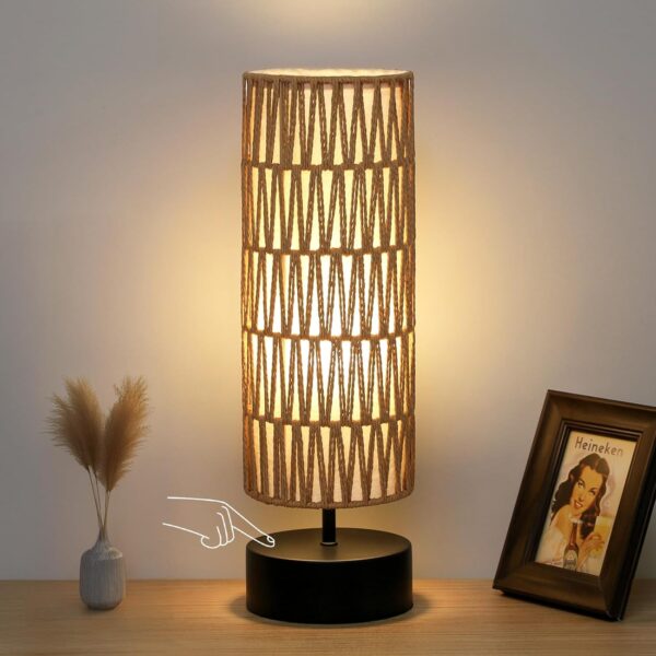 Rattan Table Lamp, Touch Control Bedside Table Lamp with Black Base, 3 Way Dimmable Nightstand Lamp with Dual-Layer Shade, Boho Night Light for Bedroom Living Room Home Office, 9W LED Bulb Included 1 Table Lamp