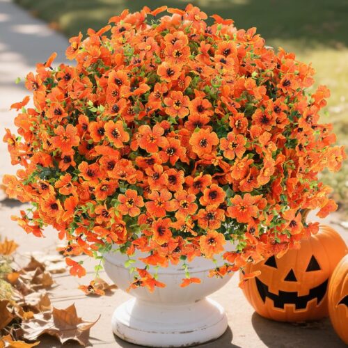 4 Bundles Fall Flowers Artificial for Decoration Outdoors, Fake Plants Autumn, Mums Daisy Eucalyptus Realistic UV Resistant for Garden Patio Porch Home Decor, Orange
