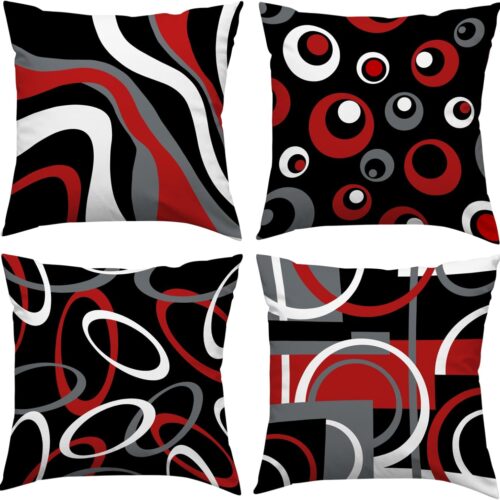 Black and Red Throw Pillow Covers 18x18 Set of 4 Grey Modern Abstract Geometric Decorative Pillow Covers Circle Pattern Pillowcases Decor for Couch Sofa Bedroom Outdoor