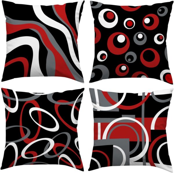 Black and Red Throw Pillow Covers 18x18 Set of 4 Grey Modern Abstract Geometric Decorative Pillow Covers Circle Pattern Pillowcases Decor for Couch Sofa Bedroom Outdoor 1 Pillow
