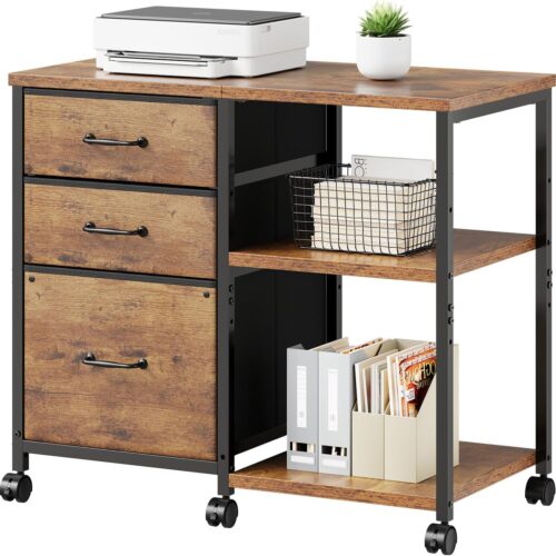 3 Drawer File Cabinet with Wheels Rolling Printer Stand with Open Storage Shelf Fabric Lateral Filing Cabinet for Home Office,Rustic Brown2