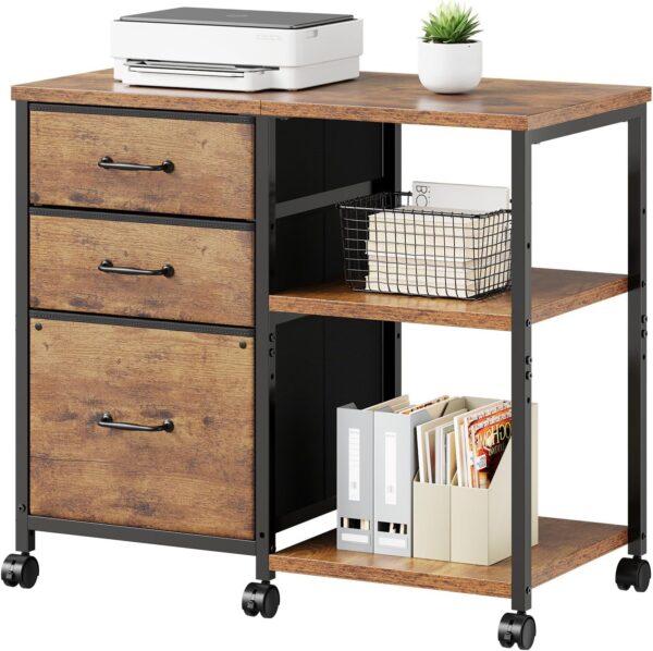 3 Drawer File Cabinet with Wheels Rolling Printer Stand with Open Storage Shelf Fabric Lateral Filing Cabinet for Home Office,Rustic Brown2 1 Cabinet