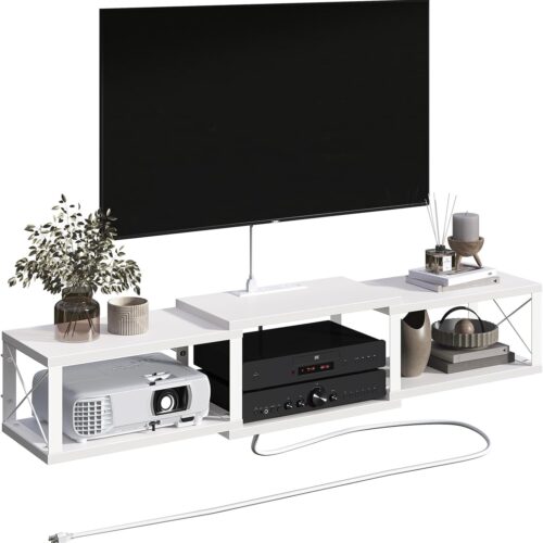 Floating TV Stand with Power Outlet, Wall-Mounted Entertainment Console Center with Storage, Floating TV Shelf for Under TV Storage, for Living Room, Bedroom, White TVBW101E01