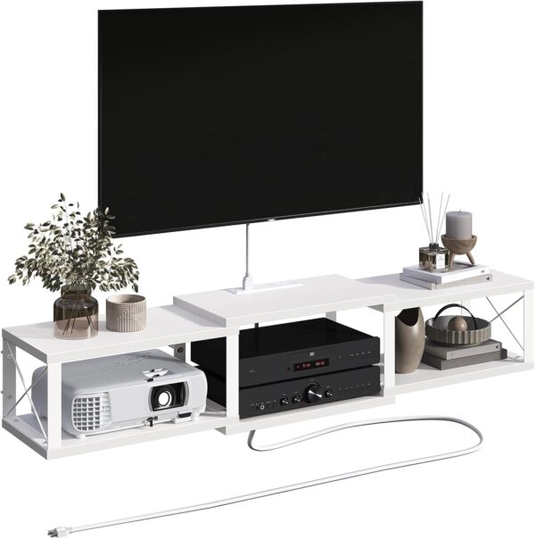 Floating TV Stand with Power Outlet, Wall-Mounted Entertainment Console Center with Storage, Floating TV Shelf for Under TV Storage, for Living Room, Bedroom, White TVBW101E01 1 Outlet