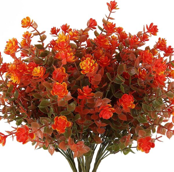 8 Bundles Artificial Fall Flowers No Fade Faux Autumn Plants, Fake Indoor Outdoor Greenery Decorations for Thanksgiving Christmas Wedding Party Home Garden Fireplace Décor (Green Orange) 1 Flowers