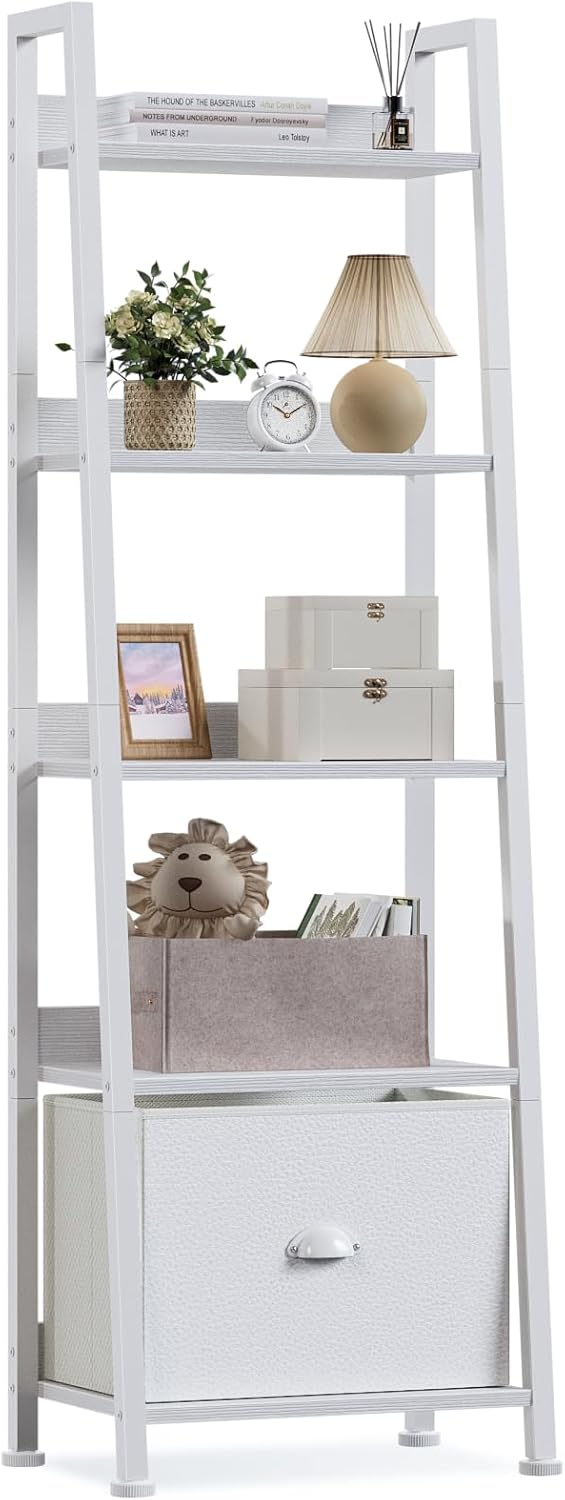 5-Tier White Ladder Shelf, Ladder Bookshelf with Removable Drawer, Mordern Bookcase Storage Rack Organizer, Wood Metal Freestanding Storage Shelves for Living Room, Home Office, Bedroom 1 Shelf