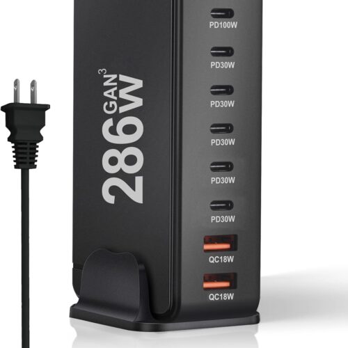 286W USB C Charger Block, 8-Port GaN3 Charging Station for Multiple Devices Apple, Multi Port USB Charging Block USB Charging Hub Compatible with MacBook Pro/Air,iPad,iPhone,Samsung Galaxy