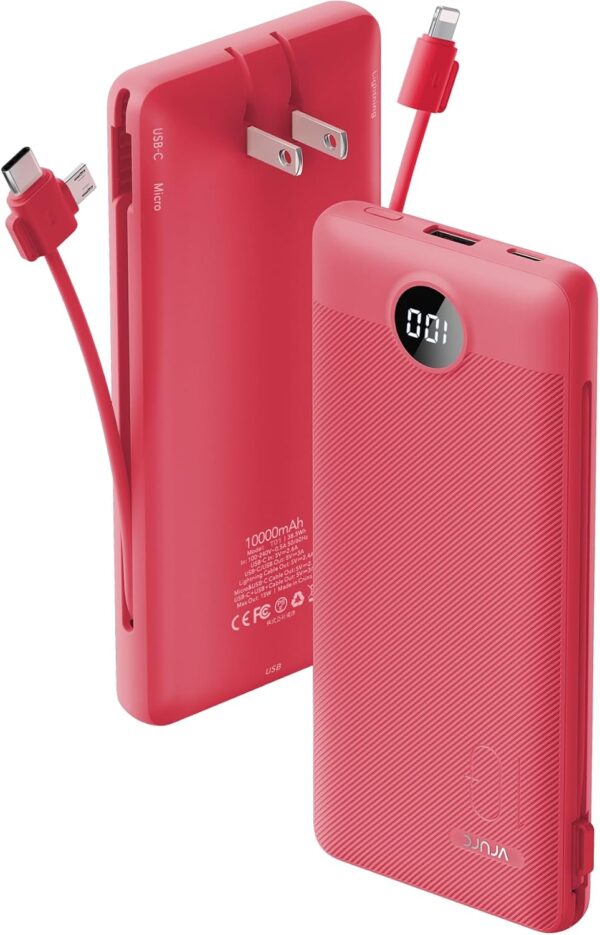 Portable Charger Built-in Cables and AC Wall Plug, VRURC USB C Power Bank 10000mAh, Travel Battery Portable Phone Charger Compact Lightweight External Battery Pack for SmartPhones,Tablets-Viva Magenta 1 Built-in