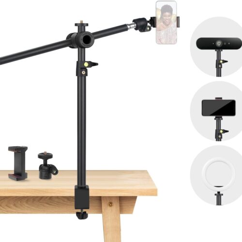 Overhead Camera Mount Desk Stand, Camera Arm Desk Mount Clamp Stand with 360°Adjustable Magic Arm, Webcam Arm Mount Stand w Ballhead Phone Mount for Desk Logitech Microphone Video Light Cell Phone