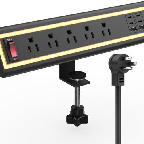 Desk Clamp Power Strip with Nightlight, 40W Fast Charging, 6FT Extension Cord, 4x20W USB-C & 2 USB Ports, 5 AC Outlets, Fits 1.69-Inch Table Edges