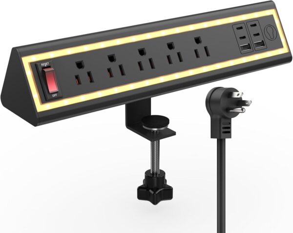 Desk Clamp Power Strip with Nightlight, 40W Fast Charging, 6FT Extension Cord, 4x20W USB-C & 2 USB Ports, 5 AC Outlets, Fits 1.69-Inch Table Edges 1 Clamp