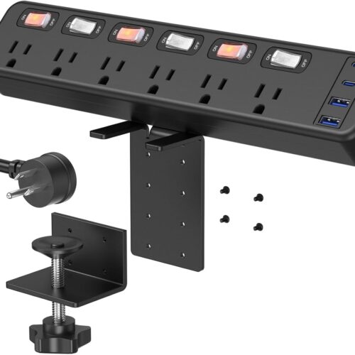 1 Clamp Power Strip Standing Desk with 20W USB C, 2 in 1 Clip Desktop Surge Protector Edge Mount Outlet with 6 Individual Switches, Fit 2.6 inch Table Top, 6 FT Extension Cord Flat Plug, 1200J