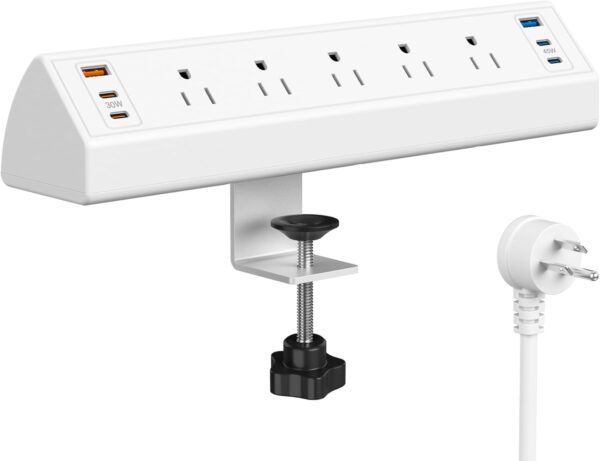 Desk Clamp Power Strip USB C,75W Total Fast Charging Station,45W and 30W USB-C Ports,Desk Edge Mount Power Strip 6-USB Ports,5 AC Outlets Tabletop Surge Protector,Fit 1.6" Tabletop Edge,White 1 Clamp