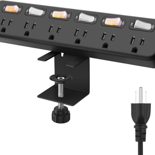 Desk Clamp Power Strip Individual Switches, JUNNUJ 6 Outlet 800J Surge Protector Clamp Desktop Removable Table Desk Mount Socket, Tabletop Edge Station 6FT Power Cord