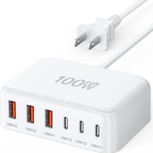 1 USB C Fast Charger, 100W GaN 6 Port Type C Charging Station Hub Block Cube, USB C Wall Charger Power Strip Adapter Plug for iPad iPhone 16 15 14 13 12 Pro Max Pixel Note Galaxy, 5ft Cord