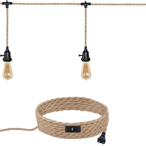 1 3 Plug-in Pendant Lights Kit - Hemp Rope Cord with Switch, 22 Ft Length, DIY Farmhouse Hanging Lighting Fixture
