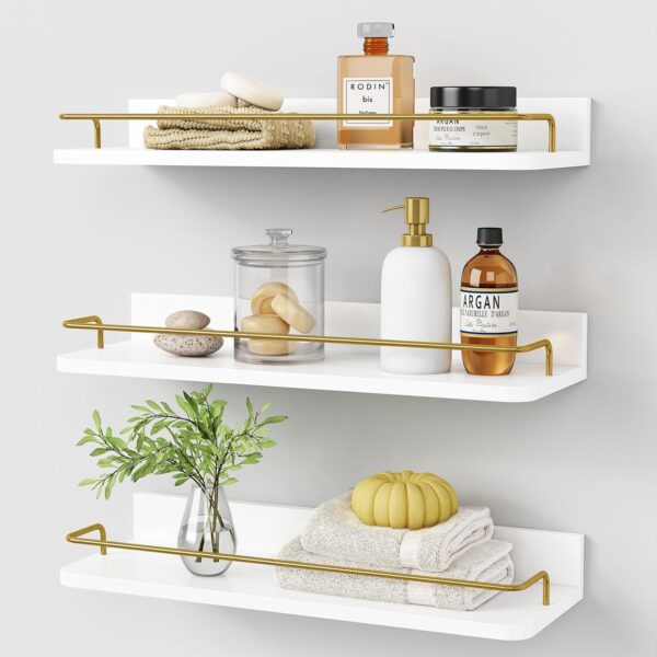 Gold Floating Shelves for Wall Decor Set of 3, Bathroom Shelves Over Toilet, Modern Display Wall Shelf with Guard Rail for Living Room Bedroom Organizers and Storage - White and Gold 1 Floating