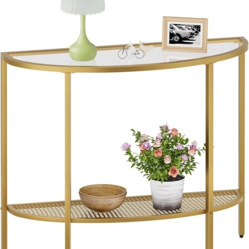 Glass Half Moon Console Table 2 Tier Narrow Entryway Table with Gold Metal Frames, Modern Couch Table Small Entry Way Tables, Easy Assembly, Clear Glass Gold Frames