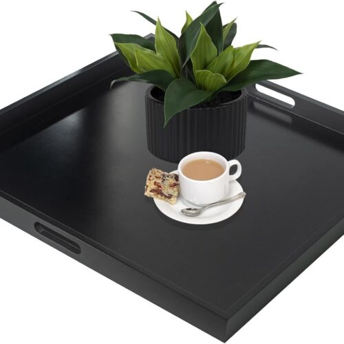 24" Square Large Ottoman Tray, Wood Serving Tray with Handle, Modern Extra Large Black Decorative Trays for Living Room Coffee Table Home