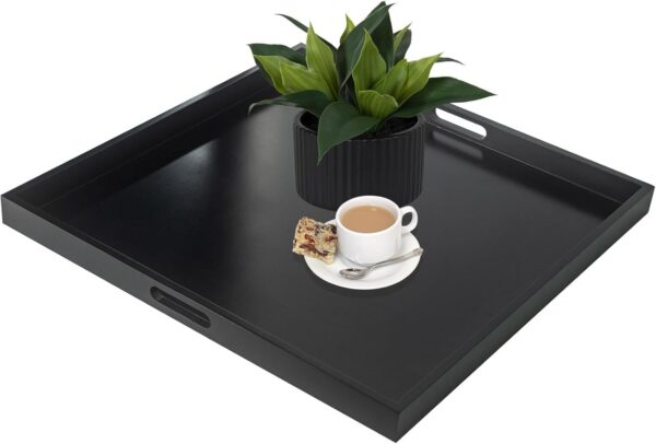 24" Square Large Ottoman Tray, Wood Serving Tray with Handle, Modern Extra Large Black Decorative Trays for Living Room Coffee Table Home 1 Ottoman