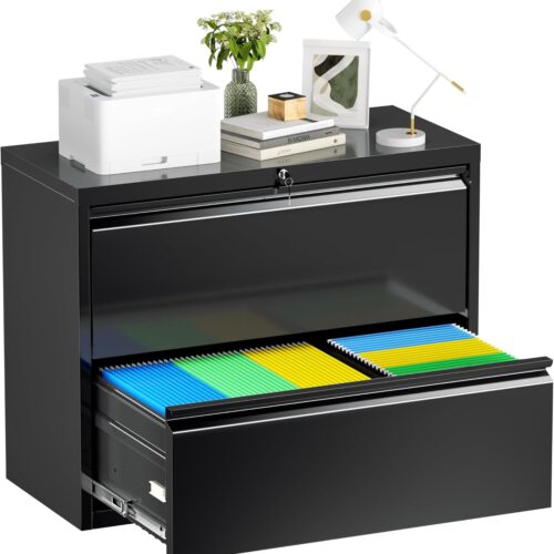 Lateral File Cabinet 2 Drawer Metal File Cabinet with Lock, Black Filing Cabinets for Home Office, Locking Filing Cabinets Hanging Files Letter/Legal/F4/A4
