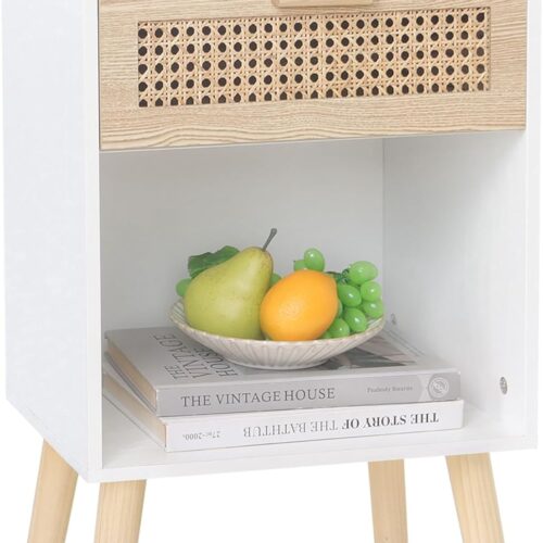 White Rattan Nightstand, Modern Nightstand with Rattan Drawer, Modern Wooden Bedside Table with Solid Wood Legs for Bedroom, and Small Spaces (White)