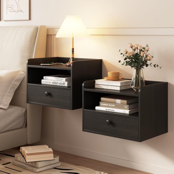 Floating Nightstand Set of 2 Modern Night Stands with Drawer and Open Shelf Cubby Small Bedside End Table with Charging Station Wall Mounted Nightstands Set 2 for Bedroom Black 1 Nightstand
