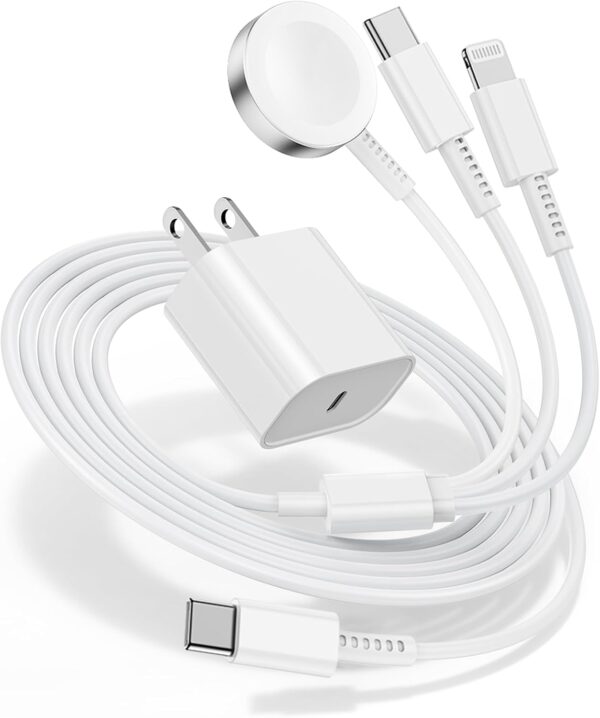 for Apple Watch Charger Fast Charging,3 in 1 Multi Chargers Cable with 20W USB C Charger, iWatch Charger Cord 6FT for iWatch Series Ultra2/SE/10/9/8/7/6/5/4/3/iPhone 15 16 Pro Max/14/13/12/11 (White) 1 Charger