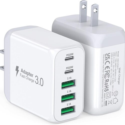 USB C Wall Charger Block, 2Pack 50W 5-Port C Charger Fast Charging Block PD Power Adapter +QC 3.0 Multiport Type C Box Brick Cube USB A Wall Plug for iPhone 16/15/14 Pro Max Plus, iPad,Samsung Galaxy