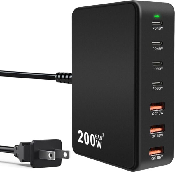 USB C Charger Block 200W 7 Port Fast Charging Station, PD 45W Laptop Charger Brick Adapter Compatible with MacBook Pro/Air,DELL,Steam Deck,iPhone 16/15/14,Galaxy S23/22 (Black) 1 Charger