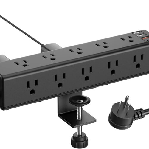 1 Standing Desk Clamp Power Strip with 15 Outlets, Widely Spaced Desktop Edge Mount Surge Protector Outlet, Fast Charging USB-A and USB-C Ports, 6 FT Flat Plug, Black Fit 1.6 inch Table top.