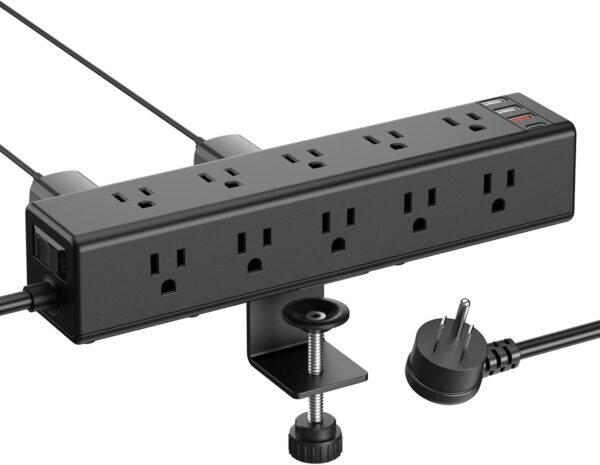 Standing Desk Clamp Power Strip with 15 Outlets, Widely Spaced Desktop Edge Mount Surge Protector Outlet, Fast Charging USB-A and USB-C Ports, 6 FT Flat Plug, Black Fit 1.6 inch Table top. 1 Power