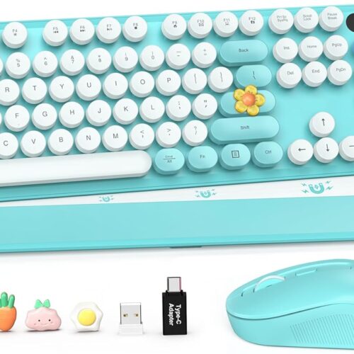 1 Wireless Keyboard and Mouse Combo, Full-Size Retro Typewriter Keyboard with Detachable Wrist Rest, Round Keycaps, Sleep Mode & Tilt Legs, 2.4GHz Cordless Connection for Windows/PC (Robin Egg Blue)