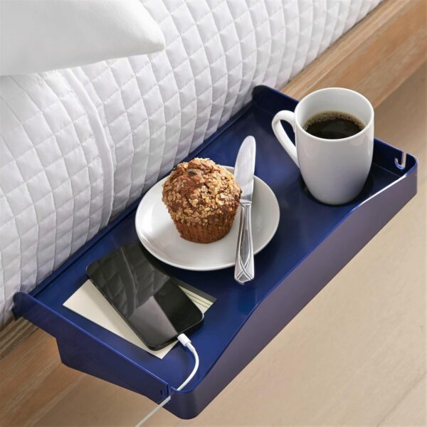 Bedside Shelf for Bed, College Dorm Room, Bunk Bed Shelf for Top Bunk, Clip On Nightstand Tray with Cord and Cup Holder, Bunkbed Caddy for Table Storage (Navy) 1 Bedside Shelf