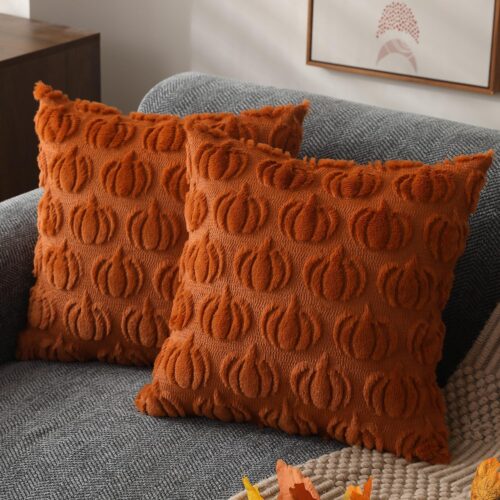 1 Fall Pillow Covers 18x18 Set of 2 Fall Decorations Autumn Rust Pumpkin Throw Pillow Cases Soft Plush Faux Fur Wool Couch Cushion Case for Chair Sofa Bedroom Living Room Home Decor PTK02A18
