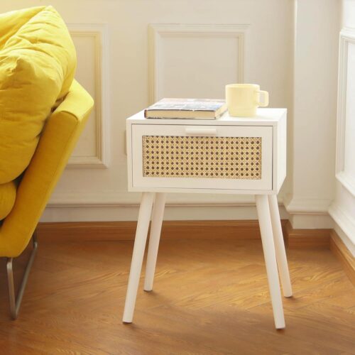 White Modern Bedside Table with Rattan Drawer