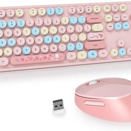 1 Pink Keyboard and Mouse Wireless, Cute Colorful Typewriter Keyboard Full-Sized with Number Pad Round Keycaps for Desktop, Laptop and Computer(Coloful Pink)