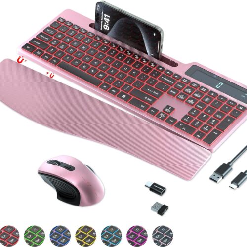 1 Wireless Keyboard Mouse Combo, Full Size Ergonomic Keyboard with Backlit, Wrist Rest, Calculator, Phone Holder, 2.4Ghz Silent Cordless Rechargeable Keyboard & Mouse for Laptop, PC (Pink Black)