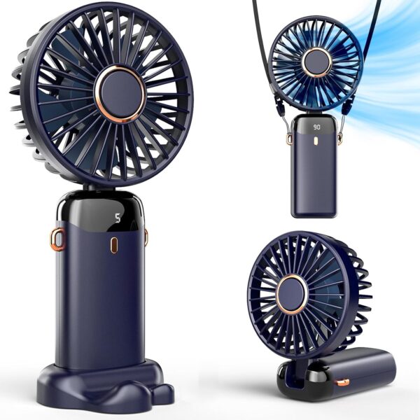 Portable Handheld Fan, Battery Operated Fan with Base, 8 Hours, Digital Display, 5 Speeds, 90° Ajustable, Rechargeable Mini Fan for Outdoor Indoor 1 Handheld
