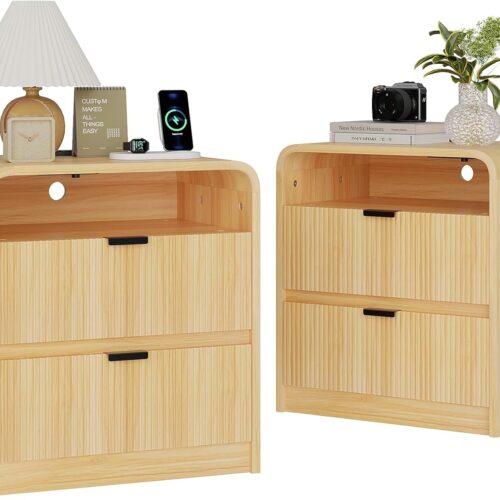 1 24" Fluted Nightstand Set of 2 with Charging Station, Wooden End Table with 2 Drawers Storage, Curved Profile Design, Modern Bedside Cabinet for Bedroom Living Room, Natural Oak