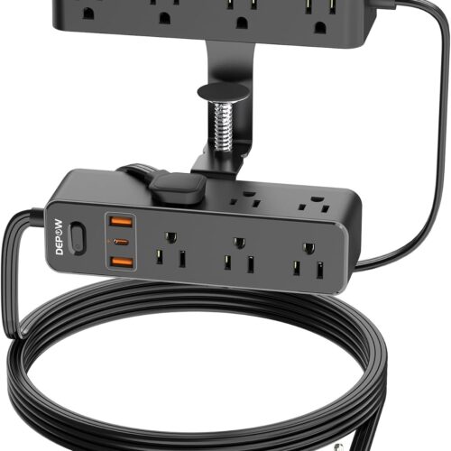 1 Dual Layer Desk Clamp Power Strip & Surge Protector: 17 Outlets + 7 USB (3 USB-C) Charging Station, Space-Saving Under Desk Organizer with 10ft Extension Cord, 1700J Protection (Black)